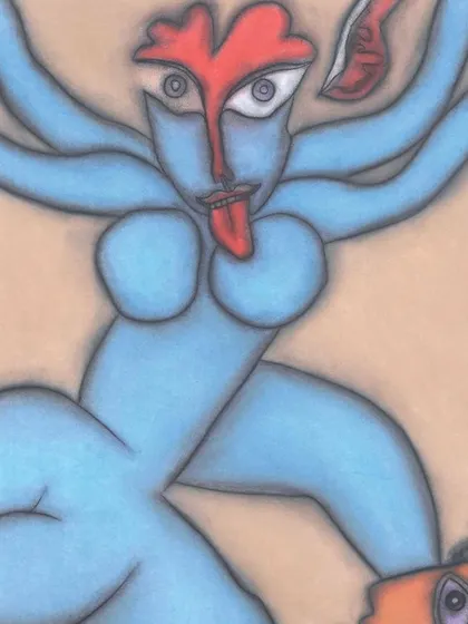 This striking pastel on paper of 'Kali' is by Prokash Karmakar, an artist known for his Picasso-influenced style. From my 2008 auction archives, this piece showcases his ability to blend pop art sensibilities with powerful Indian mythological themes.