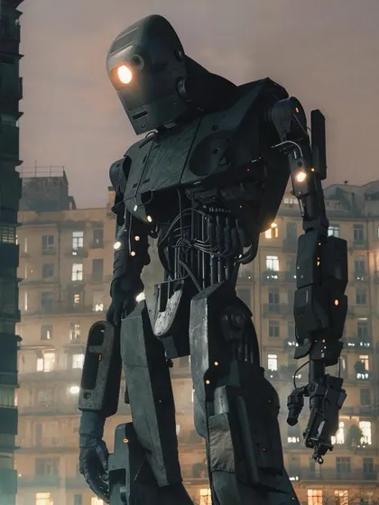 A different angle of the giant robot from 'Midnight in Mumbai', emphasizing its scale and imposing presence against the city's architecture.