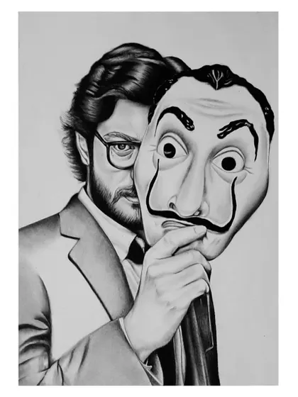 The 96-hour process of drawing El Professor. These images show the careful work of capturing his likeness and the iconic Dali mask.