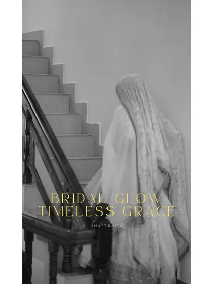 A black and white artistic shot of the bride's silhouette on a staircase, creating a sense of grace and mystery.