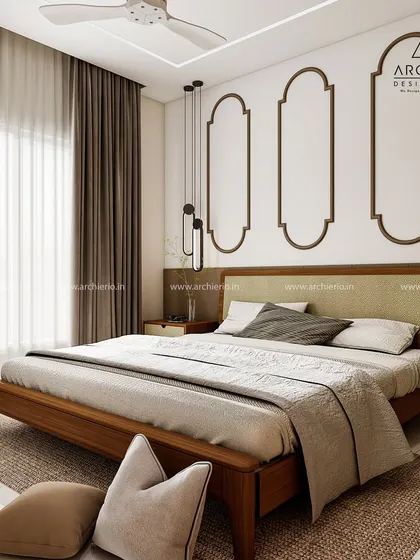 A simple yet elegant bedroom with a wooden bed and a cane headboard. The decorative wall panels add a touch of sophistication without overwhelming the space.