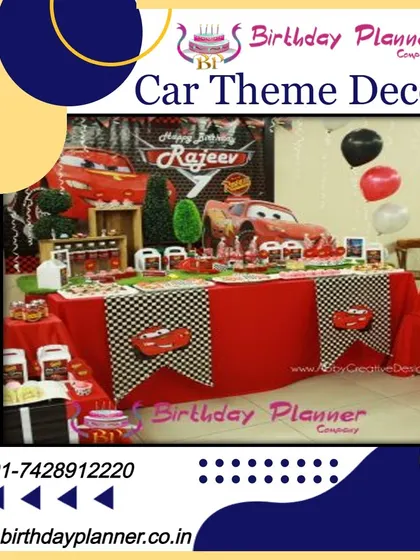 A high-energy Disney Cars theme party for Rajeev. The dessert table is fully decorated with a Lightning McQueen backdrop, checkered flag runners, and themed tableware for a complete racetrack experience.