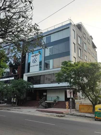 A perspective of the BlueStone commercial building from across the street, showing the relationship between the glass facade and the adjacent solid structure.
