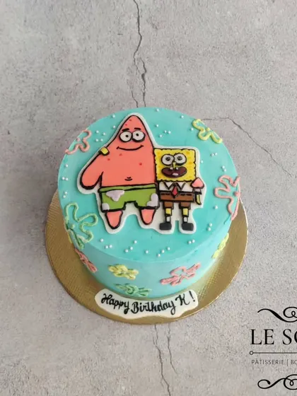 A fun SpongeBob and Patrick cake for a fan's birthday. This half-kg Chocolate Whiskey cake features hand-painted 2D fondant figures of the best friends from Bikini Bottom.