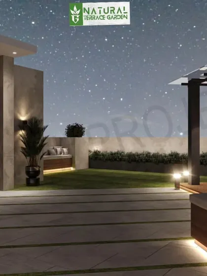 A proposed terrace layout showing the flow from the indoor space to the outdoor seating areas. The design emphasizes clean lines and a harmonious blend of materials.