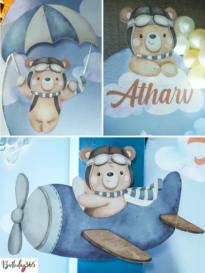 A collage of the cute pilot teddy bear details from Atharv's first birthday party.