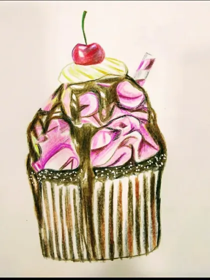 A very decadent-looking cupcake, showing great skill with color pencil blending.