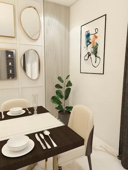 The dining area in the ATS Pristine project. A gallery wall of mirrors makes the space feel larger and adds a touch of glamour, reflecting light from the elegant chandelier.