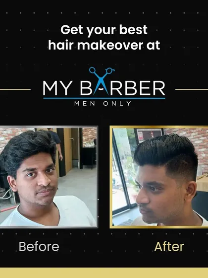 A picture is worth a thousand words. This before and after photo shows the power of a professional haircut, featuring a clean side fade and a neatly styled top.