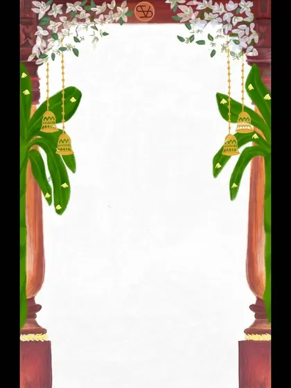 The base illustration for a traditional South Indian wedding invite. This digital painting shows the classic temple-style arch with banana plants and hanging bells, before any text is added.