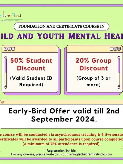 We offer special discounts to make our CYMH course accessible to students and groups. This visual details our 50% student discount and 20% group discount, along with the deadline for the early-bird offer.