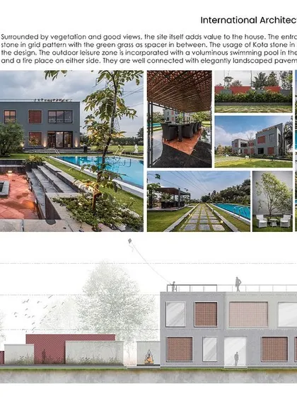 This presentation board shows the landscape design, including the outdoor leisure zone, swimming pool, and architectural elevations of the building.