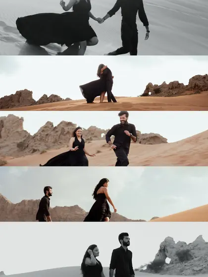 A film-strip style collage that documents the couple's journey through the desert, mixing playful running shots with quiet, posed moments.