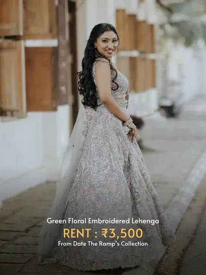 This green floral embroidered lehenga is a fresh and beautiful choice for a daytime event, and it's a steal to rent at ₹3,500.