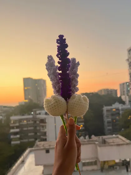Here are some of my favorite forever flowers, a handful of white tulips and purple lavenders, held up against the sunset. You can pick your own flowers and colors to create a custom bouquet.