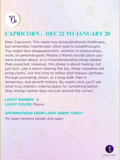 This week's tarot reading for Capricorn. This week may bring emotional challenges, but remember, heartbreaks often lead to breakthroughs. Pain is temporary.