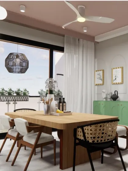 The 3D render of the dining space, showing how we visualize and plan every detail before execution to ensure the client's vision comes to life perfectly.