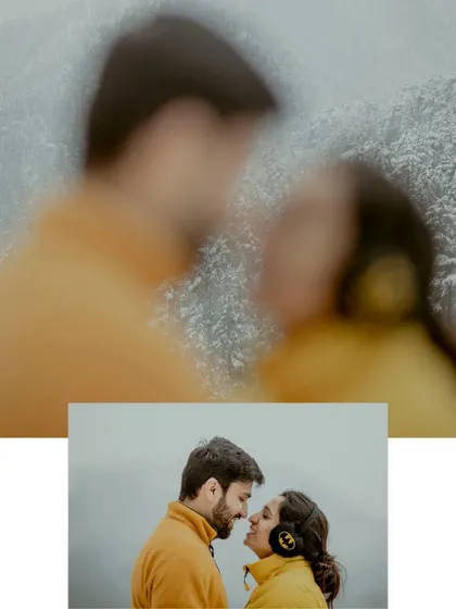 An artistic double exposure combining a blurry, intimate portrait with a clear, loving gaze, set against the snowy backdrop.