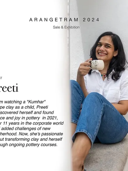 Preeti's collection, "SAADGI," finds joy in life's simplest things. Through her functional tableware, she uses wheel-throwing techniques and delicate carvings on ivory and black clay to capture the beauty in simplicity.