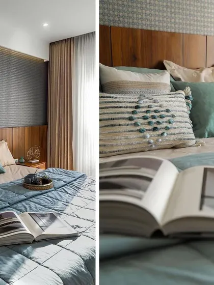 Close-up details of the bedroom styling, showing how we layer different textures in the bedding and cushions to add depth and comfort.