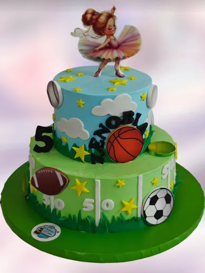 A unique dual-theme cake for a 5-year-old girl who loves both ballet and sports. The cake combines a graceful ballerina with various sports balls like basketball and football.