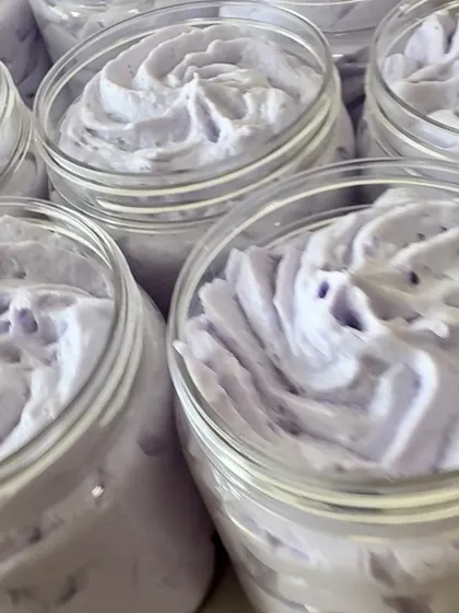 A jar of my calming Lavender whipped soap, swirled to perfection for a spa-like nighttime ritual.