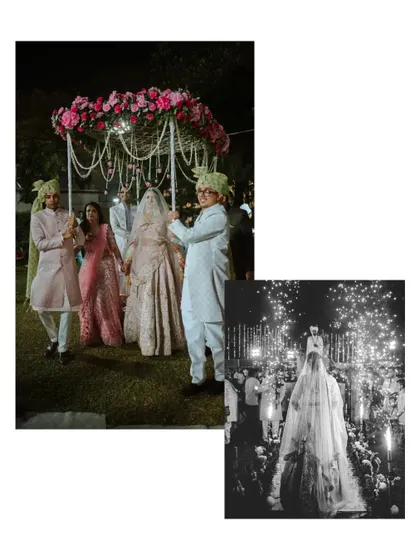 The bride's grand entrance under a floral canopy and a dramatic black and white shot of her walking down an aisle lit with sparklers.
