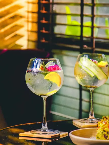 A pair of refreshing gin and tonics, garnished with lemon, cucumber, and edible flowers. A perfect, classic choice for any occasion.