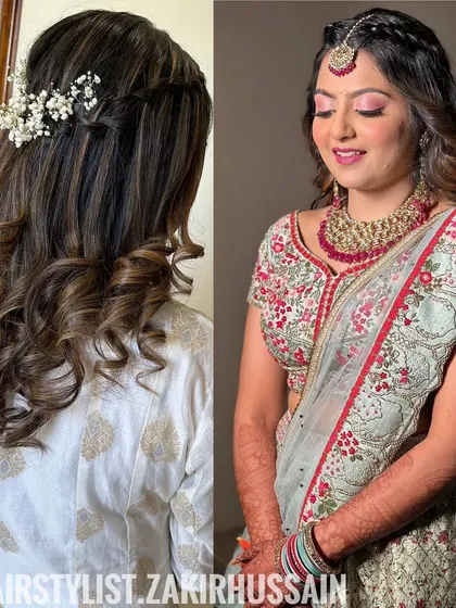 A collage showing a bride's Mehendi and Sangeet looks, featuring a soft half-updo with baby's breath for one of the events.