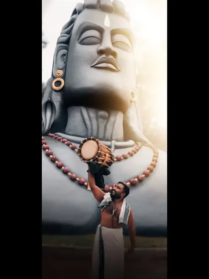 A powerful image of an artist with his Chenda before the Adiyogi statue, symbolizing our deep connection to Lord Shiva, our namesake Mahadeva.