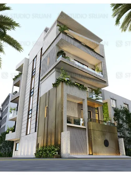 Another angle of the Kohat Enclave project, showing the interplay between the solid concrete structure and the decorative, ivy-covered green wall.