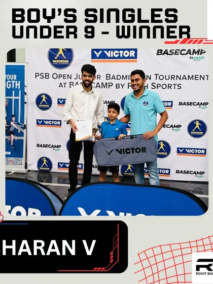 A fantastic win for Charan V in the Boy's Singles Under 9 category at the PSB Open Junior Badminton Tournament. It's great to see our youngest players achieving success.