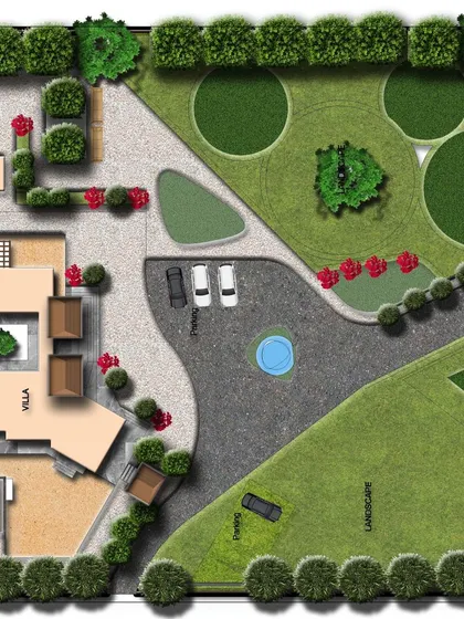 A closer look at the Dehradun villa site plan, detailing the layout of the villa with its central courtyard, the swimming pool area, and the surrounding landscaped gardens.