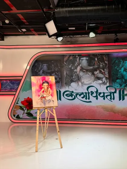 The finished "Bal Ganesh" painting on display at the Saam TV studio. It was an honor to be invited to their "Kaladhipati" program and share this personal and spiritual artwork.