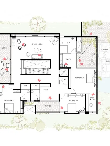 An abode amidst the lush vegetation in the outskirts of Hyderabad Designed for a family often hosting multiple gatherings, to create an environment where various activities coexist without encroaching one another.