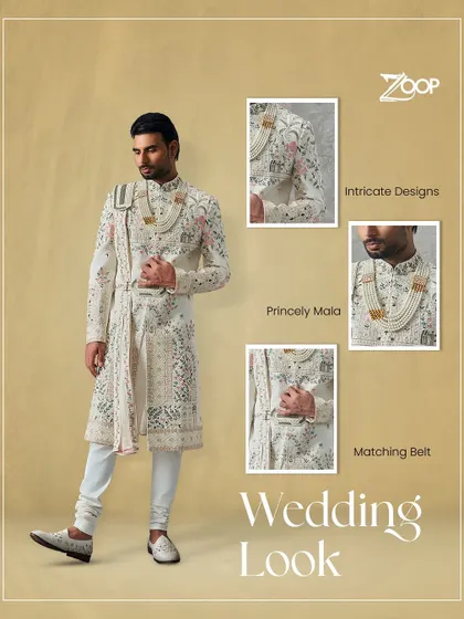 This regal sherwani is the epitome of wedding grandeur. I designed it with intricate embroidery, a complementing princely mala, and a matching belt to create a complete, majestic look for a groom's most important day.