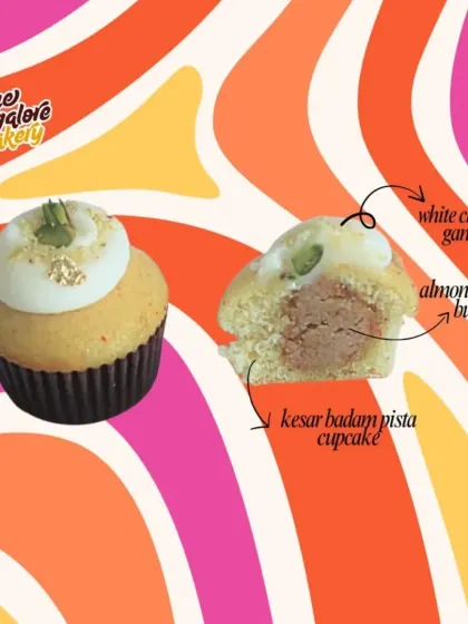 A look inside the Kesar Badam Pista mini, an Indian-inspired flavour. This saffron-infused cupcake is filled with almond-cardamom butter and topped with white chocolate ganache and pistachios.