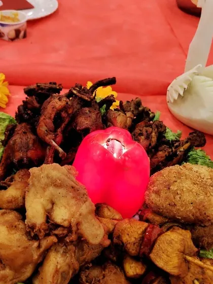 An appetizer platter that has it all. From whole fried birds and crumbed cutlets to chicken skewers and fried pieces, it’s a carnivore's dream come true.