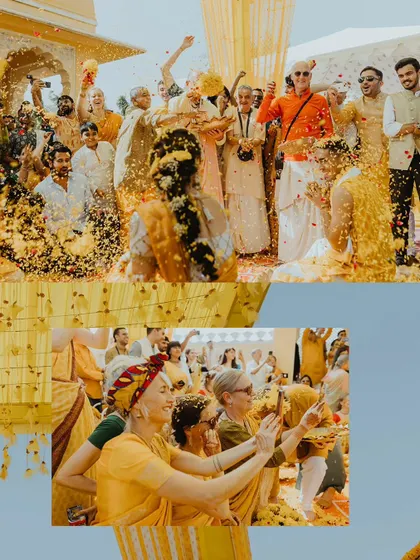 A collage showing the international guests enjoying the vibrant Indian Haldi ceremony, showering the couple with flower petals.