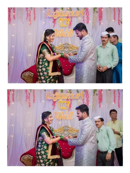 A collage capturing the key moments of an engagement ceremony, from the ring exchange to the blessings of family.