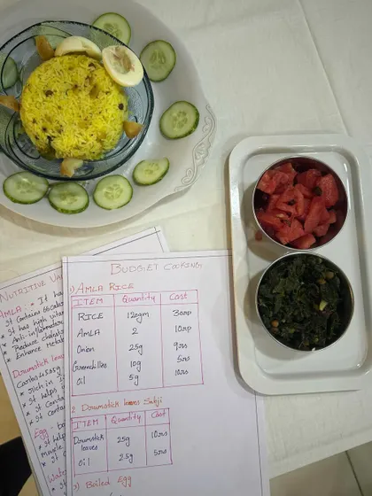 A detailed view of the amla rice dish from our budget cooking challenge. Students learn to calculate costs and nutritional values, a key skill for any professional dietitian or nutritionist.