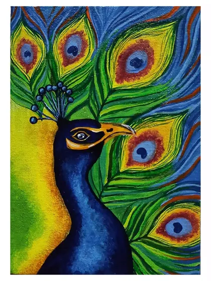 The full view of the acrylic peacock painting on canvas.