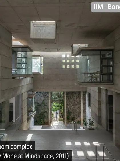 The interior of the IIM Bangalore classroom complex, featuring floating glass discussion rooms. These spaces overlook the central areas, allowing for a play of light and visual connectivity between different levels.