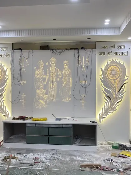 The mandir during its installation phase. We pay close attention to every detail, including the wiring and finishing.