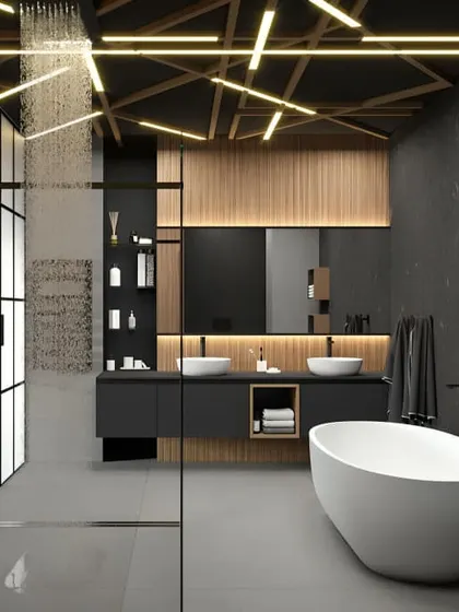 A truly spectacular bathroom with a freestanding tub, a walk-in shower, and a dramatic ceiling with geometric lighting. This is the ultimate luxury retreat.