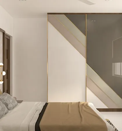 This bedroom design balances earthy tones and wooden textures with soft gold accents for a touch of luxury. The sleek, modern wardrobe with its diagonal pattern is a stylish and functional focal point.