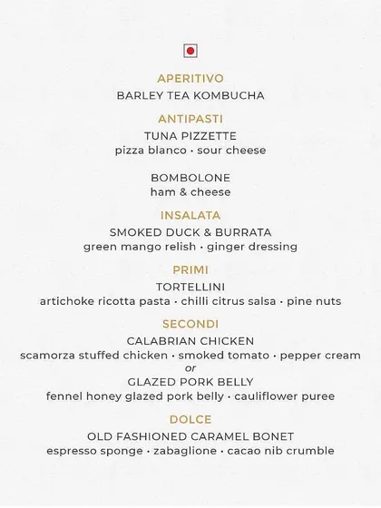 The non-vegetarian menu for 'An Italian Affair', highlighting indulgent options like Tuna Pizzette, Smoked Duck & Burrata, and Glazed Pork Belly.