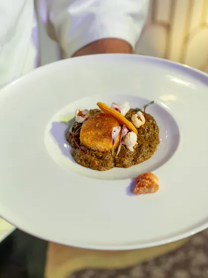 A study in texture and flavour. This dish features a pan-seared element on a bed of savory grains, accented with delicate garnishes. It's an example of our commitment to creating multi-layered sensory experiences.