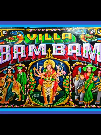 Another variation of the "Villa Bam Bam" painting, showcasing its intricate details against a solid blue background.