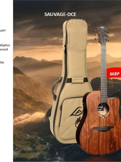 The Lâg Sauvage-DCE, a dreadnought acoustic-electric with a stunning Pale Brankowood top and included gig bag. This guitar combines eco-friendly materials with excellent sound.